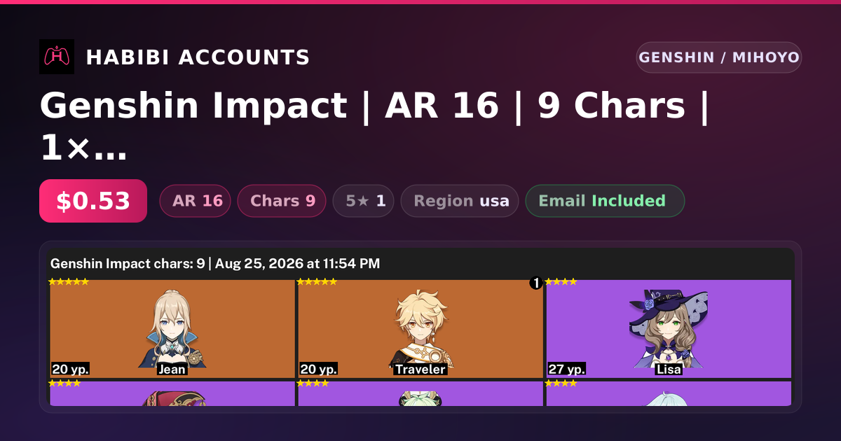Genshin Impact | AR 16 | 9 Chars | 1× 5★ — HabibiAccounts
