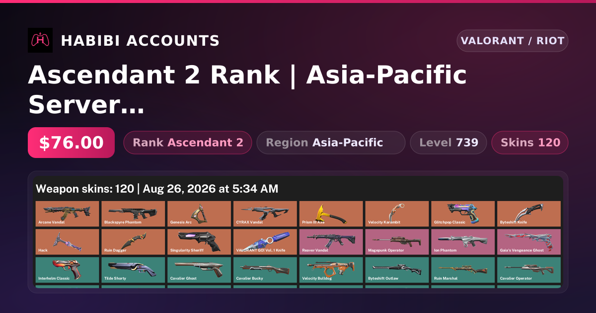 Ascendant 2 Rank | Asia-Pacific Server | 120 Skins | 7 Knives | Level 739 — HabibiAccounts