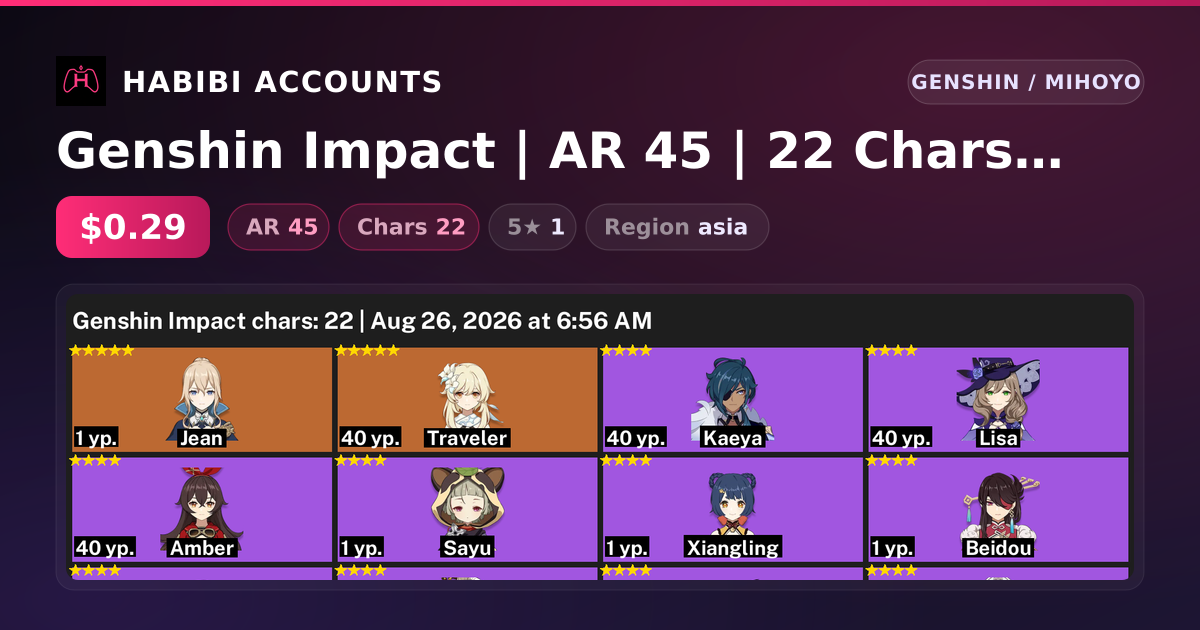 Genshin Impact | AR 45 | 22 Chars | 1× 5★ — HabibiAccounts