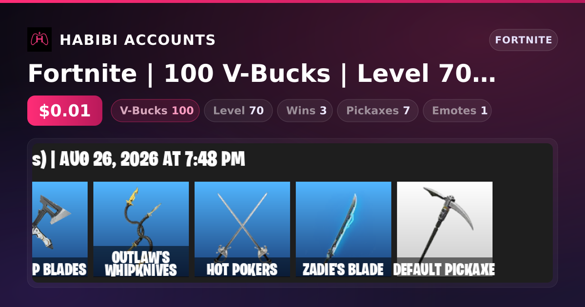 Fortnite | 100 V-Bucks | Level 70 | 3 Wins — HabibiAccounts