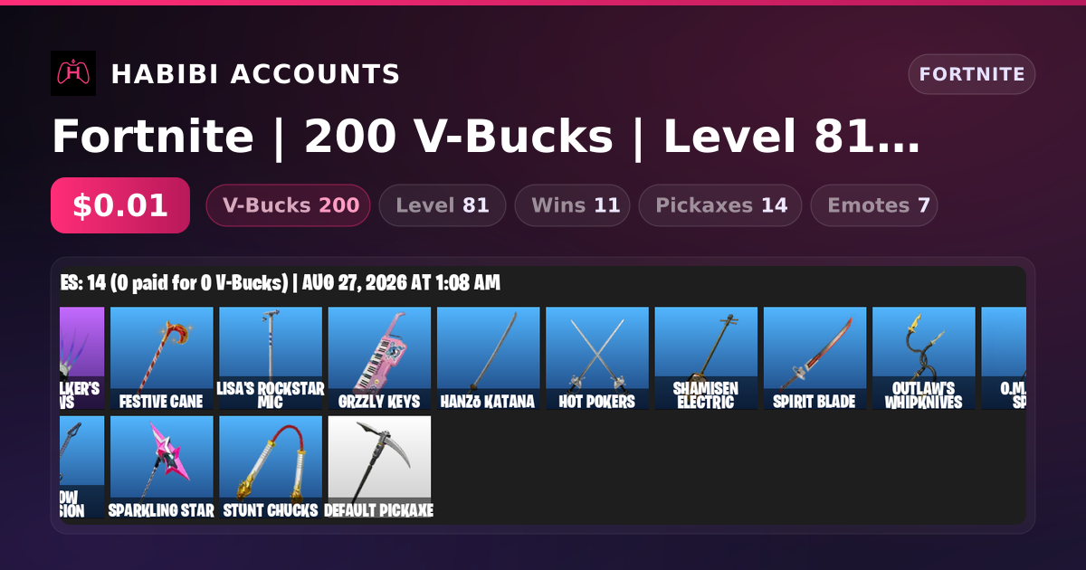 Fortnite | 200 V-Bucks | Level 81 | 11 Wins — HabibiAccounts