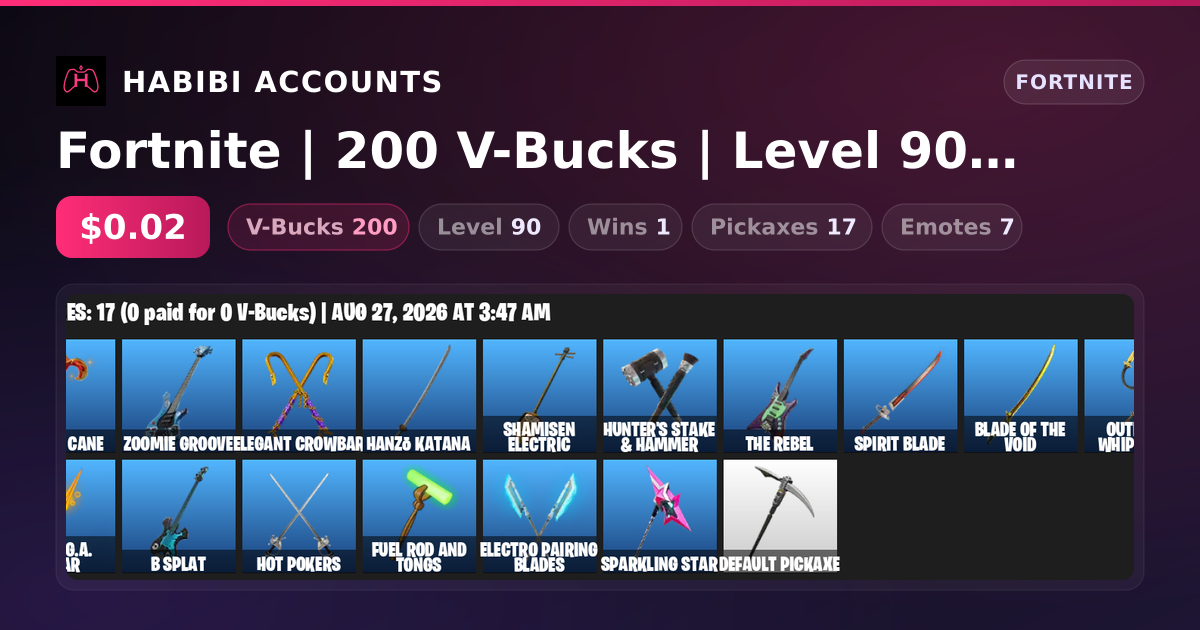 Fortnite | 200 V-Bucks | Level 90 | 1 Wins — HabibiAccounts