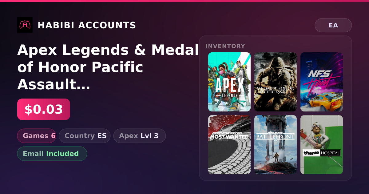 Apex Legends & Medal of Honor Pacific Assault | 6 Games | Apex Lvl 3 — HabibiAccounts