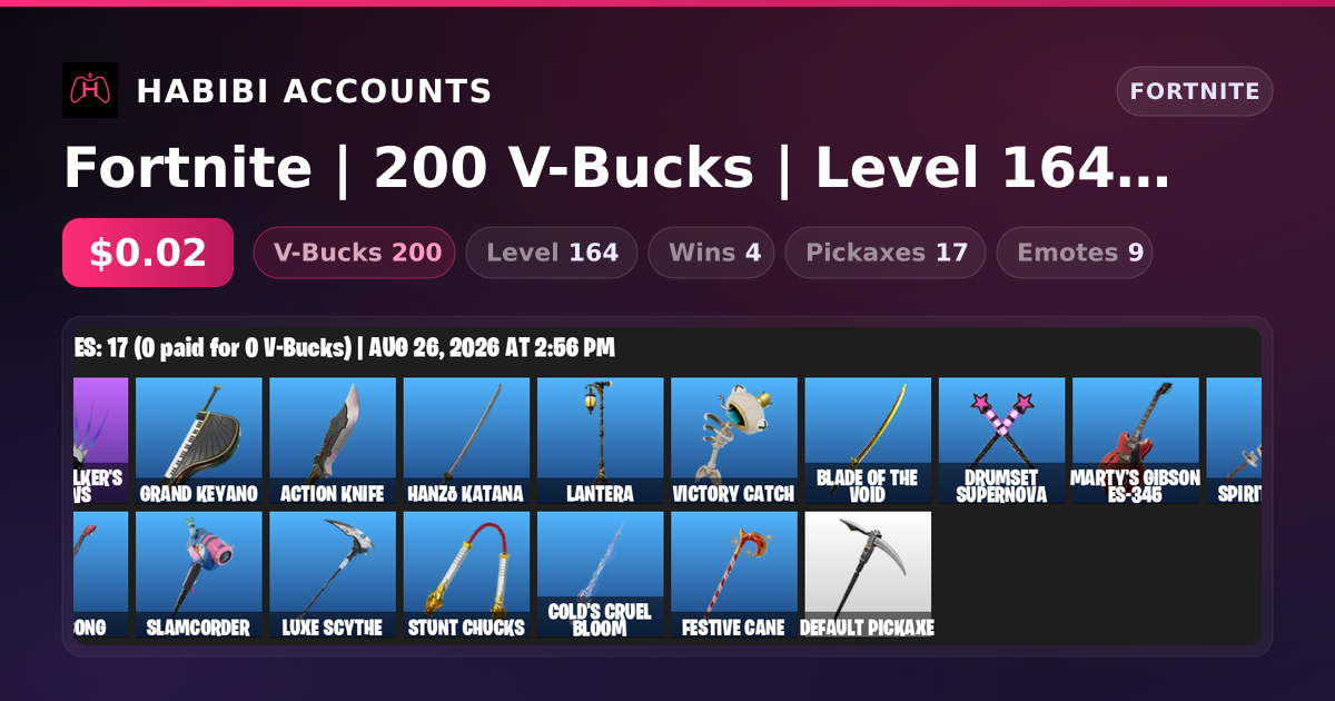 Fortnite | 200 V-Bucks | Level 164 | 4 Wins — HabibiAccounts