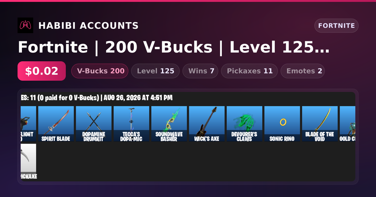 Fortnite | 200 V-Bucks | Level 125 | 7 Wins — HabibiAccounts