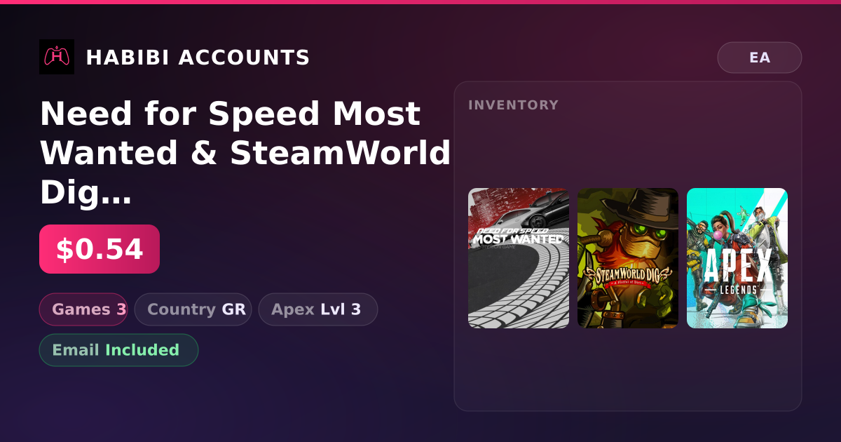 Need for Speed Most Wanted & SteamWorld Dig | 3 Games | Apex Lvl 3 — HabibiAccounts