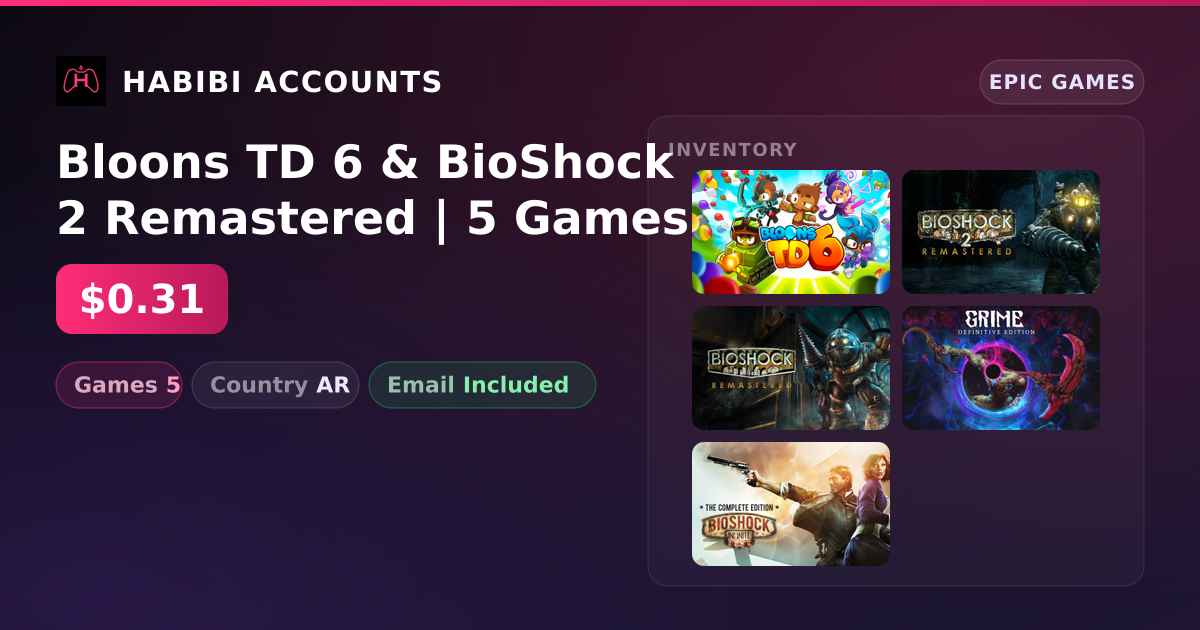 Bloons TD 6 & BioShock 2 Remastered | 5 Games — HabibiAccounts