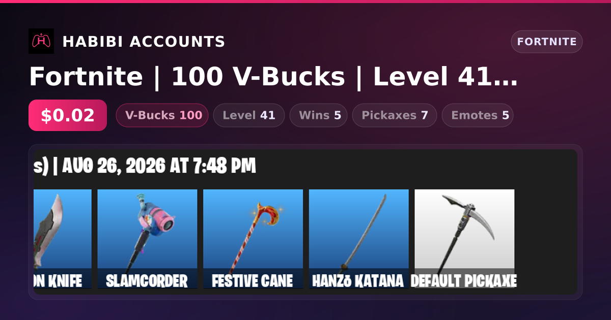 Fortnite | 100 V-Bucks | Level 41 | 5 Wins — HabibiAccounts