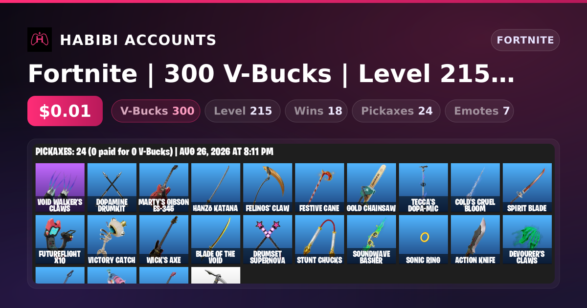 Fortnite | 300 V-Bucks | Level 215 | 18 Wins — HabibiAccounts