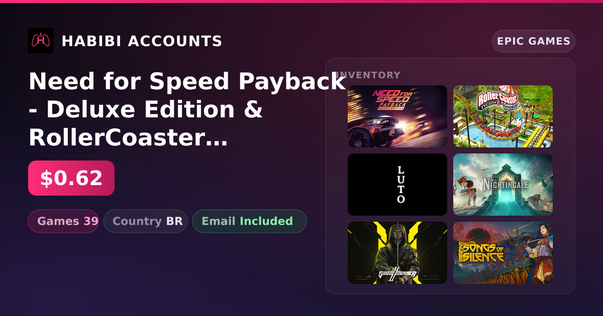 Need for Speed Payback - Deluxe Edition & RollerCoaster Tycoon 3: Complete Edition | 39 Games — HabibiAccounts