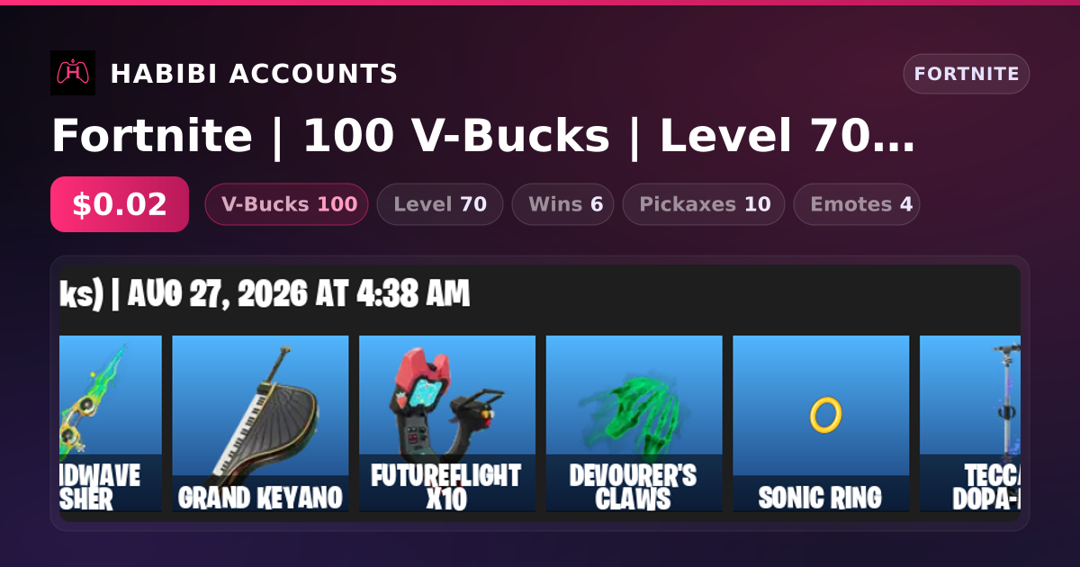 Fortnite | 100 V-Bucks | Level 70 | 6 Wins — HabibiAccounts
