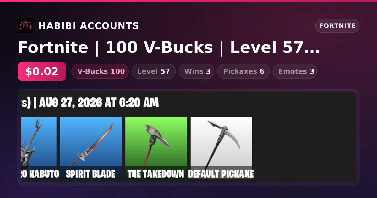 Fortnite | 100 V-Bucks | Level 57 | 3 Wins — HabibiAccounts