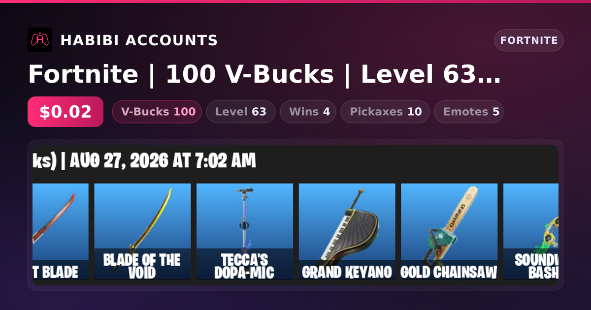 Fortnite | 100 V-Bucks | Level 63 | 4 Wins — HabibiAccounts