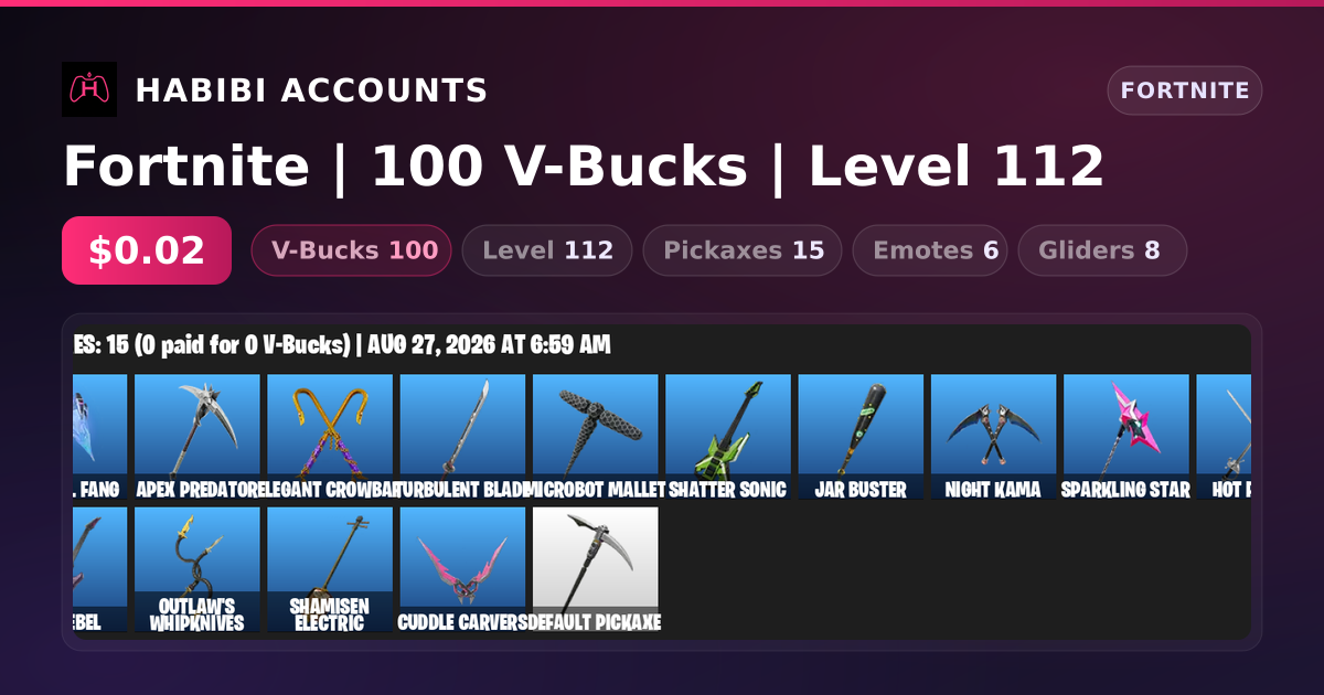 Fortnite | 100 V-Bucks | Level 112 — HabibiAccounts