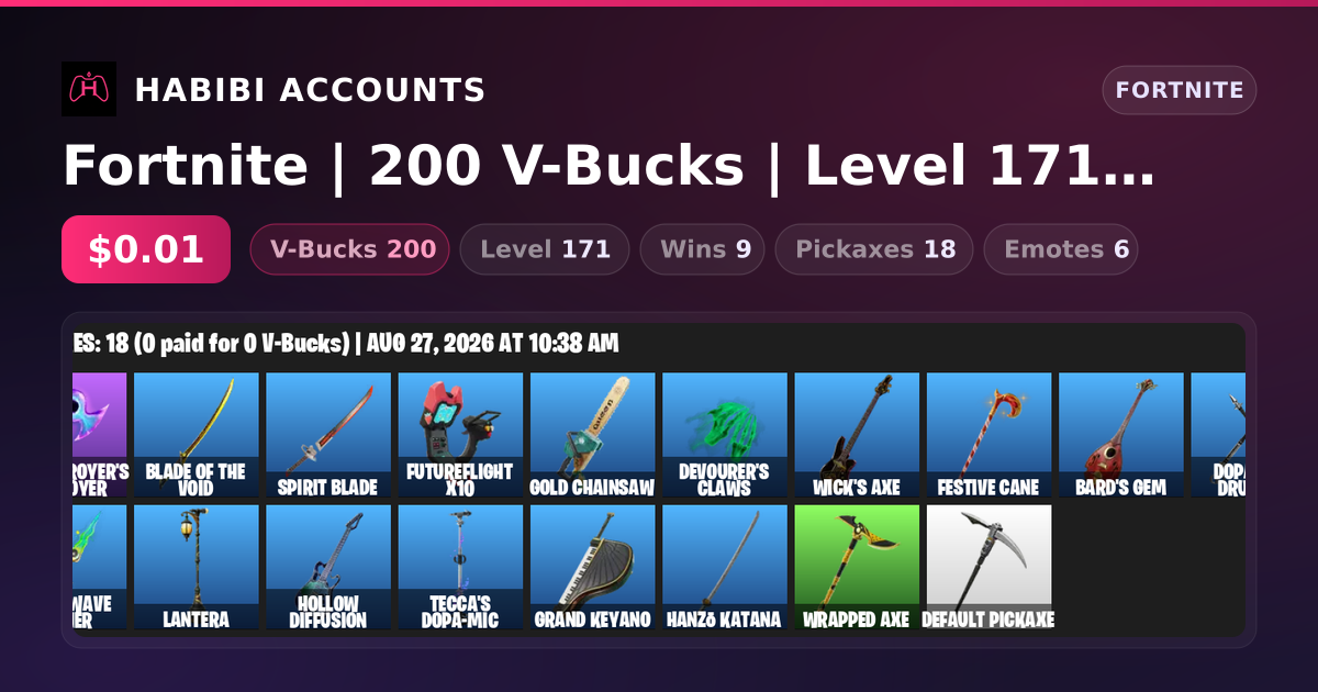 Fortnite | 200 V-Bucks | Level 171 | 9 Wins — HabibiAccounts