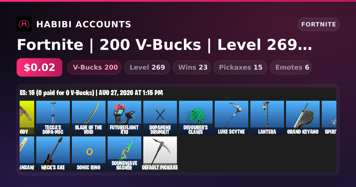 Fortnite | 200 V-Bucks | Level 269 | 23 Wins — HabibiAccounts