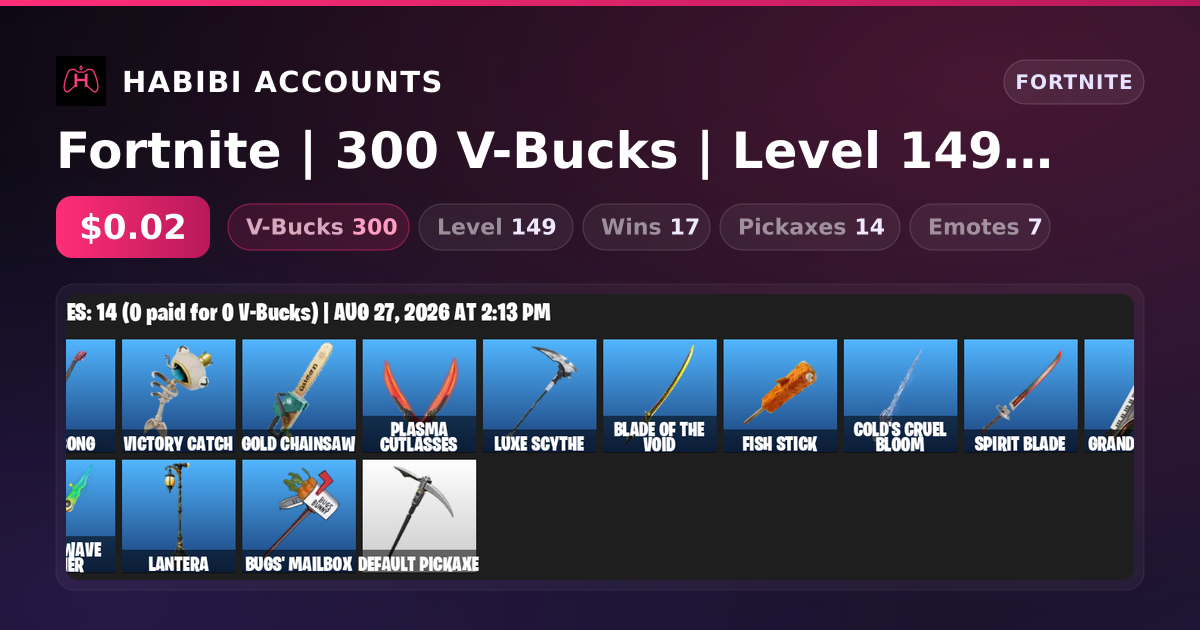 Fortnite | 300 V-Bucks | Level 149 | 17 Wins — HabibiAccounts