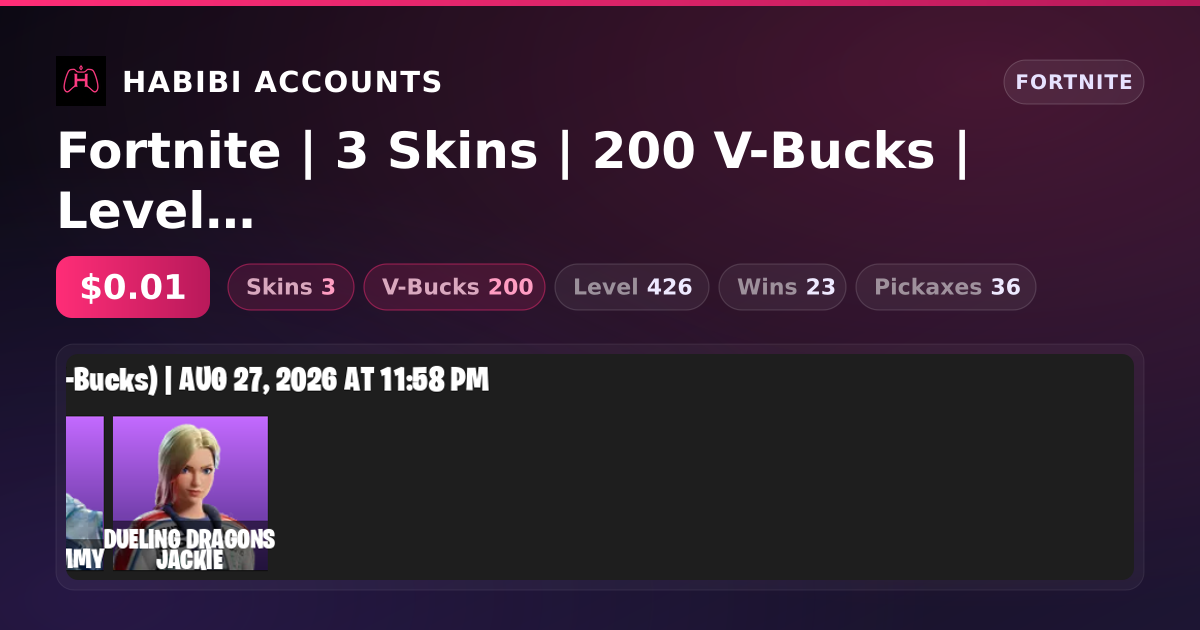 Fortnite | 3 Skins | 200 V-Bucks | Level 426 | 23 Wins — HabibiAccounts