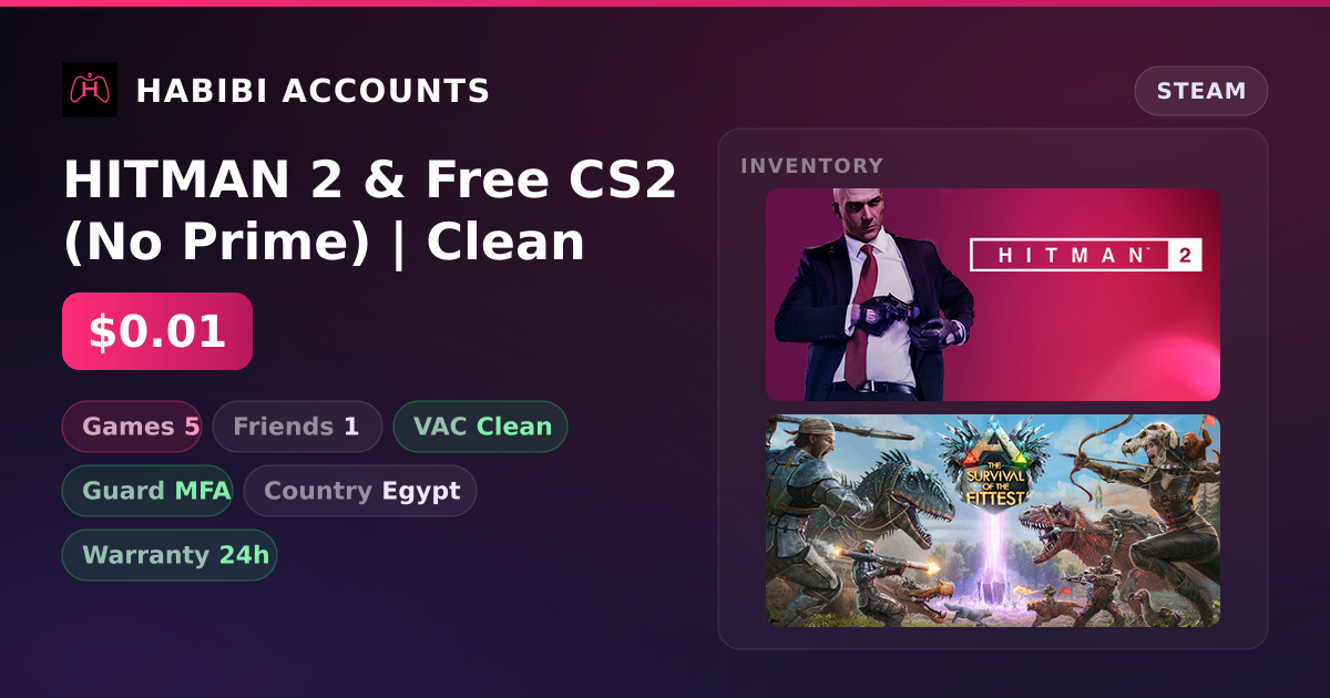 HITMAN 2 & Free CS2 (No Prime) | Clean — HabibiAccounts