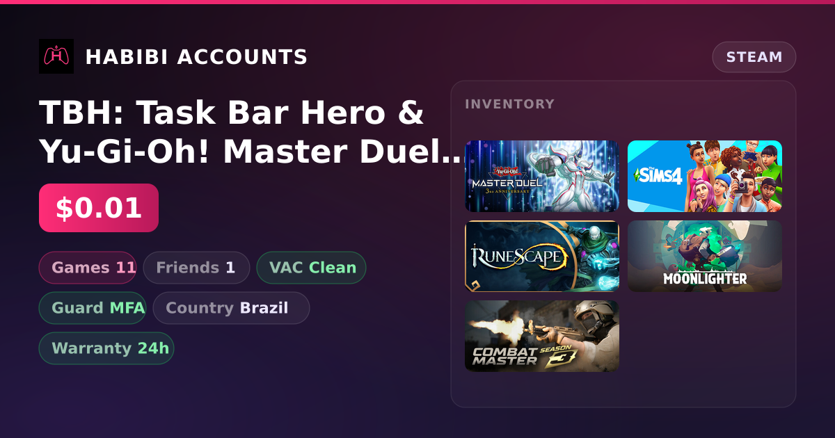 TBH: Task Bar Hero & Yu-Gi-Oh! Master Duel | 11 Games | Clean — HabibiAccounts
