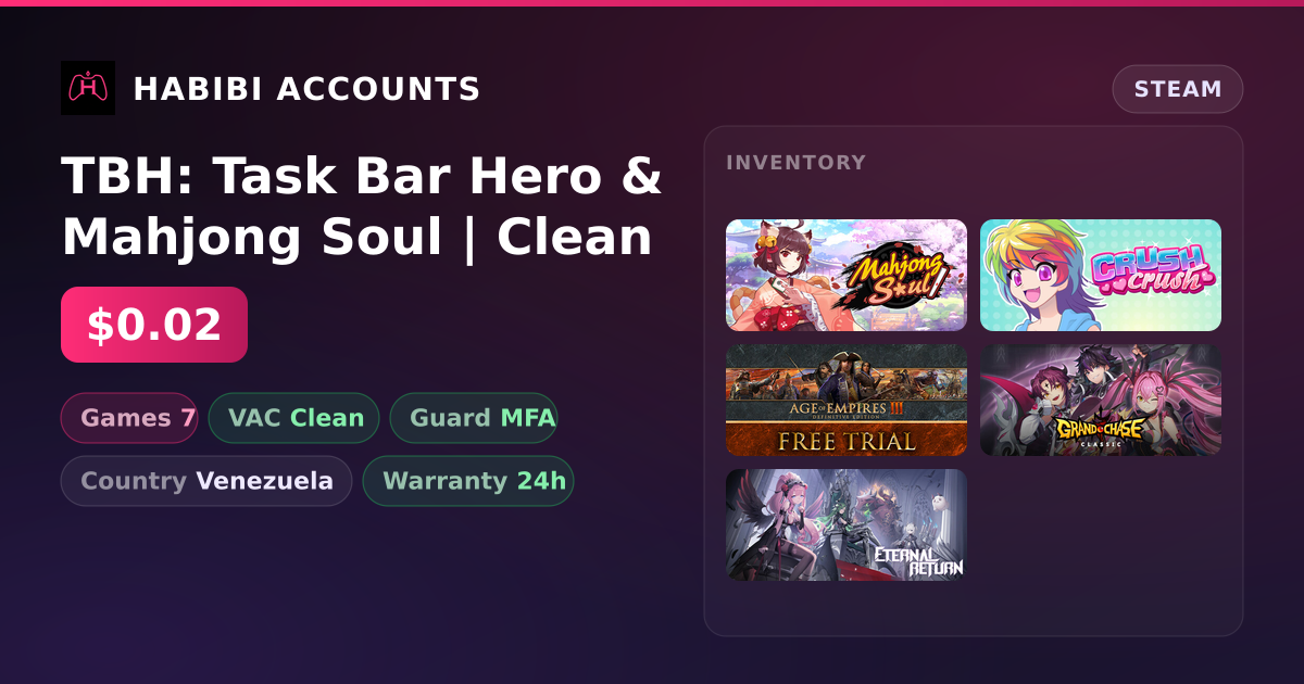 TBH: Task Bar Hero & Mahjong Soul | Clean — HabibiAccounts