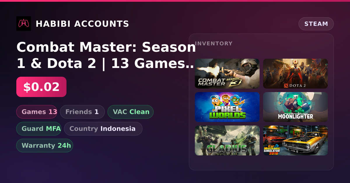 Combat Master: Season 1 & Dota 2 | 13 Games | Clean — HabibiAccounts
