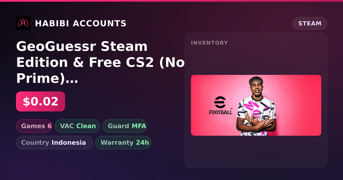 GeoGuessr Steam Edition & Free CS2 (No Prime) | Clean — HabibiAccounts