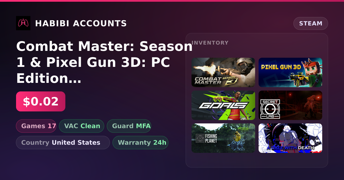 Combat Master: Season 1 & Pixel Gun 3D: PC Edition | 17 Games | Clean — HabibiAccounts
