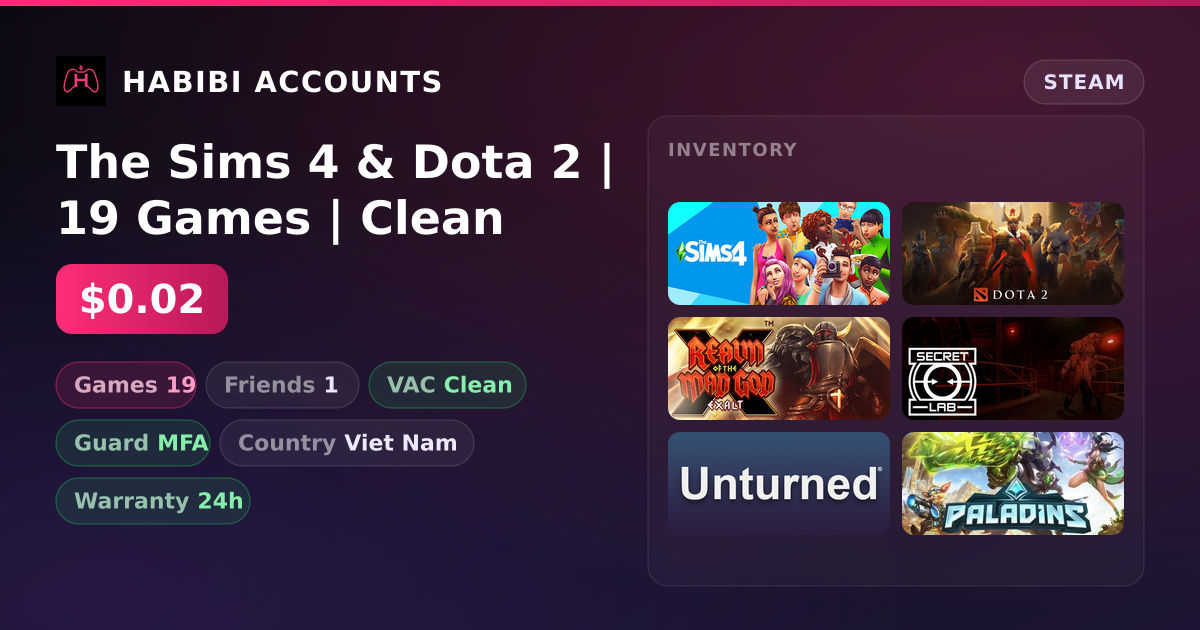 The Sims 4 & Dota 2 | 19 Games | Clean — HabibiAccounts
