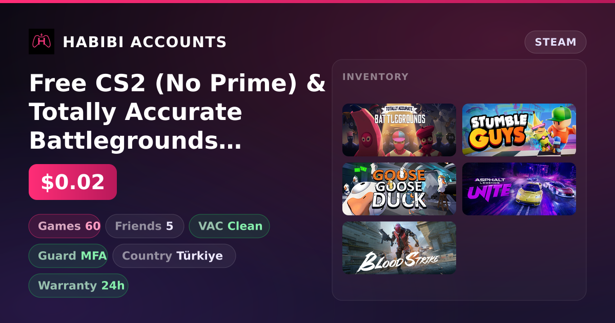 Free CS2 (No Prime) & Totally Accurate Battlegrounds | 60 Games | Clean — HabibiAccounts