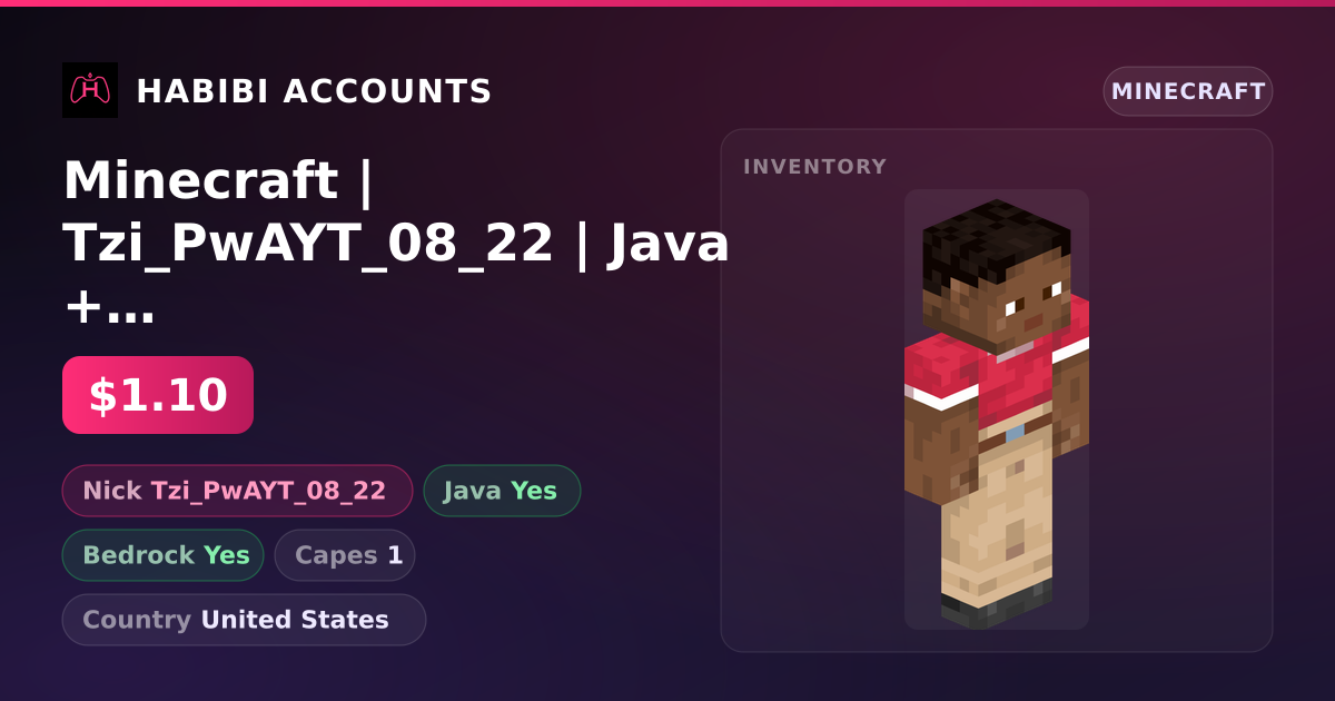 Minecraft | Tzi_PwAYT_08_22 | Java + Bedrock | 1 Capes — HabibiAccounts