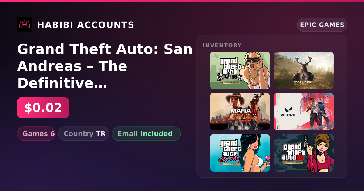Grand Theft Auto: San Andreas – The Definitive Edition & theHunter: Call of the Wild | 6 Games — HabibiAccounts