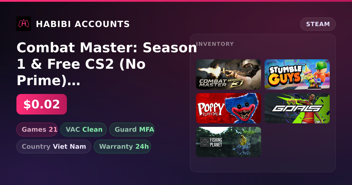 Combat Master: Season 1 & Free CS2 (No Prime) | 21 Games | Clean — HabibiAccounts