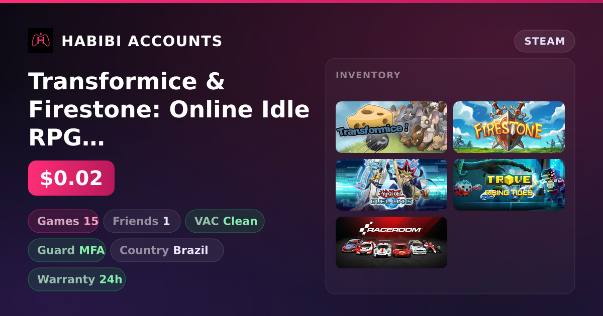 Transformice & Firestone: Online Idle RPG | 15 Games | Clean — HabibiAccounts